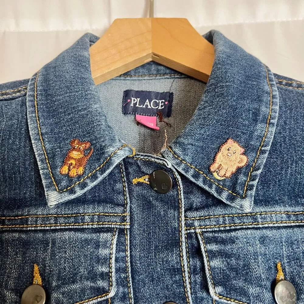 Kid's Denim Jacket Dog Patches Children's Place Size 10-12 Girl's